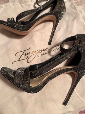 Imagine Vince Camputo Devin Dress Sandals - Glittery Pewter Strappy Heels